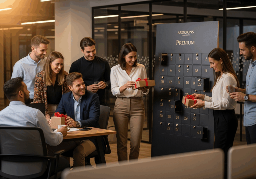 Équipe réunie dans un open space autour d’un grand Calendrier de l’avent élégant, découvrant ensemble la surprise du jour dans une ambiance chaleureuse et professionnelle.