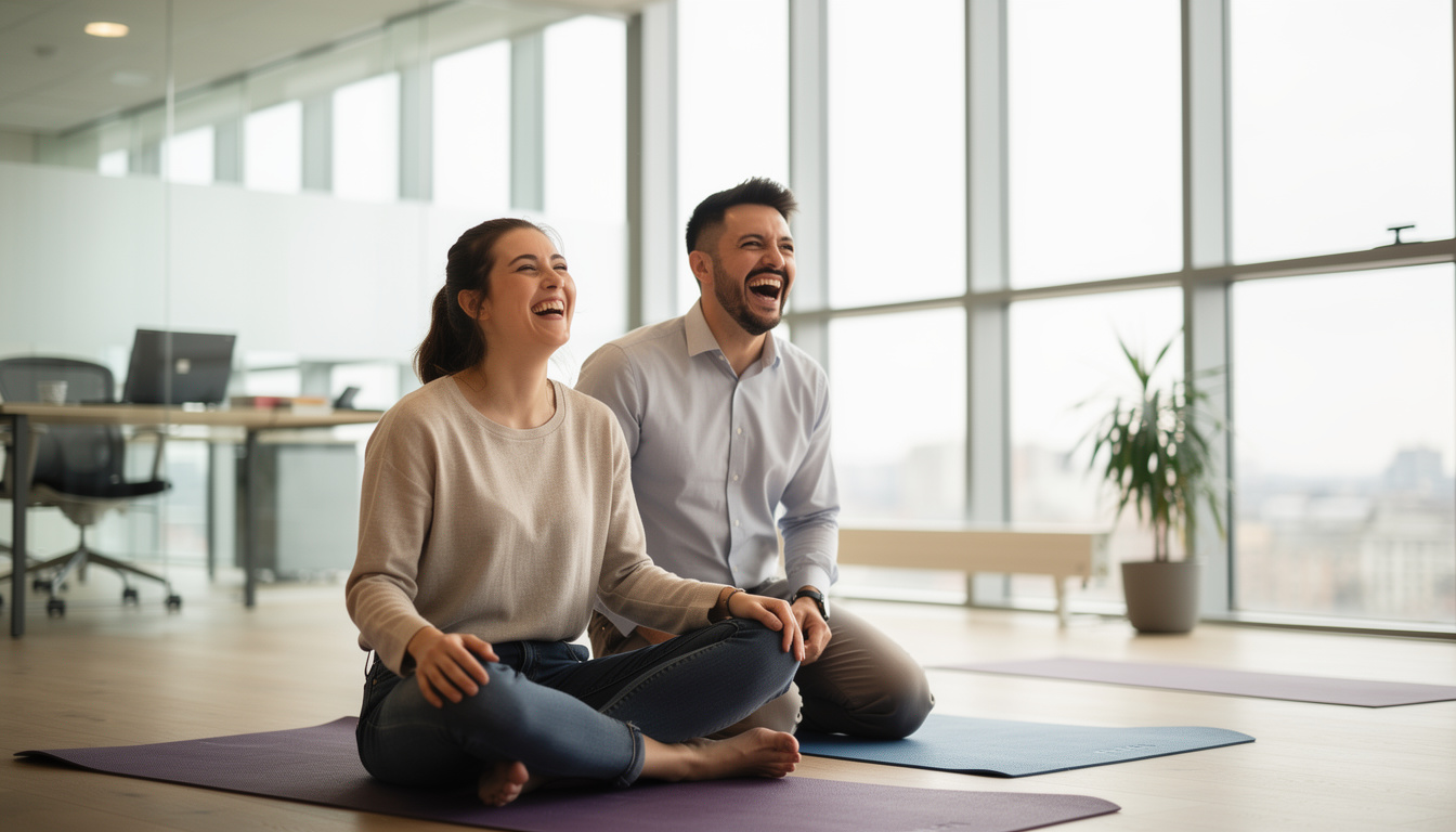 découvrez notre expérience unique d'une séance de yoga du rire en équipe : bien-être, complicité et bonne humeur garantis !