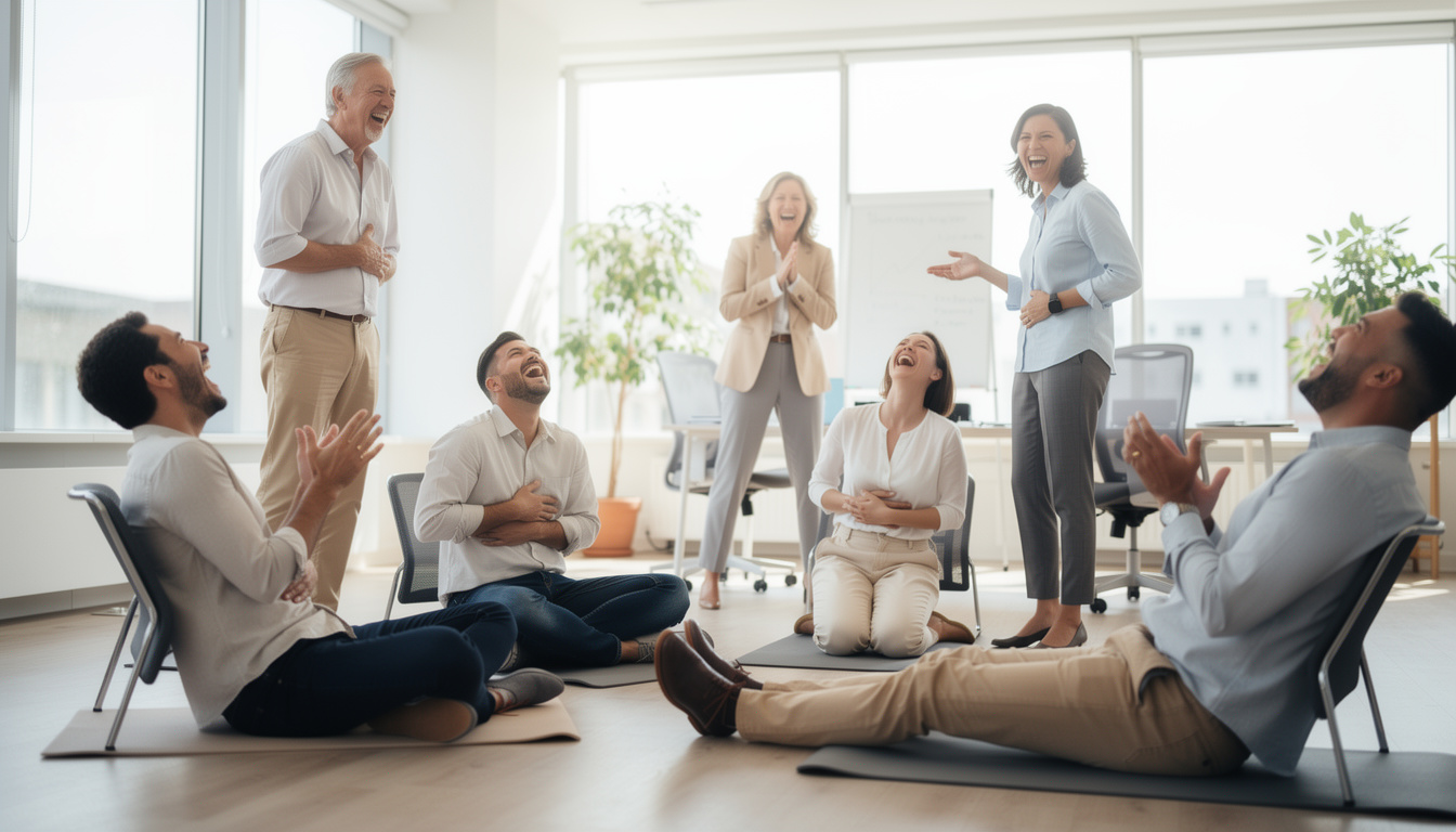 découvrez notre expérience unique d'une séance de yoga du rire en équipe, une activité ludique et conviviale pour renforcer la cohésion et le bien-être au travail.