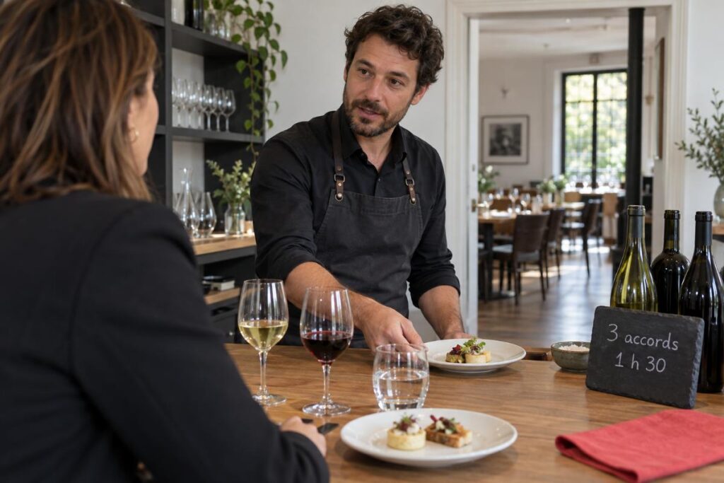 Sommelier échangeant avec une organisatrice lors d’une dégustation préparatoire à un atelier d’accords mets et vins en entreprise