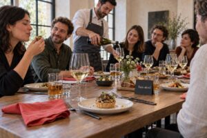 Collègues participant à un atelier d’accords mets et vins, avec un sommelier et une option sans alcool