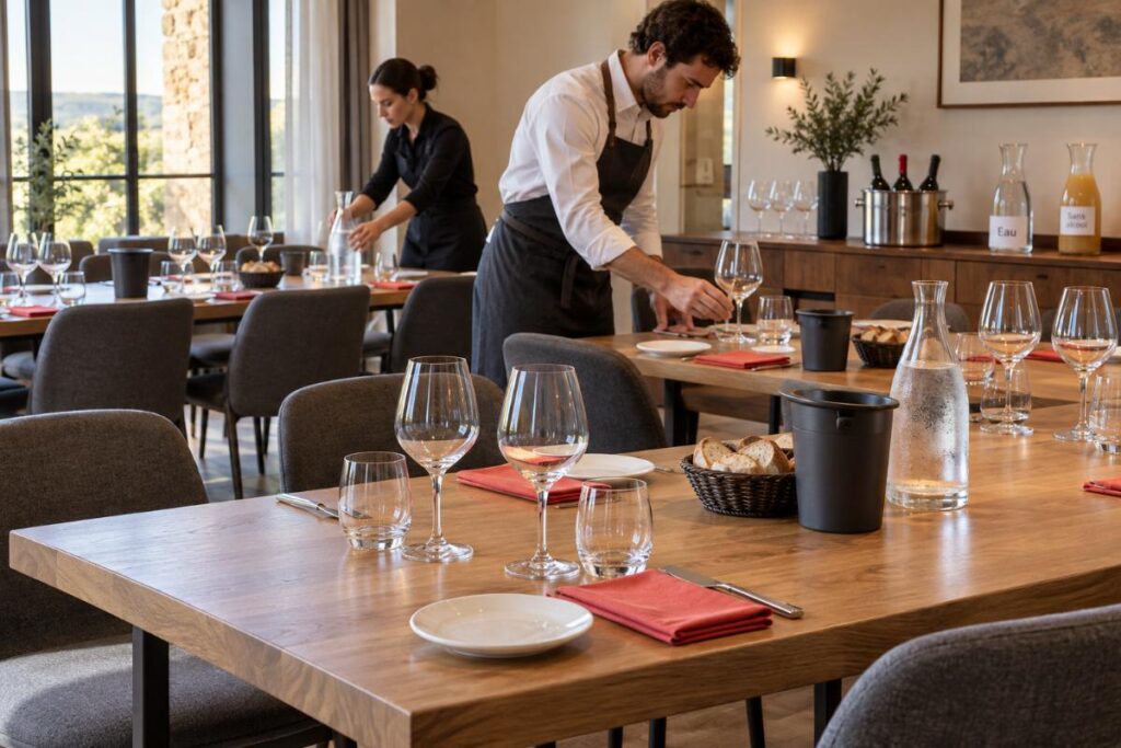 Préparation de la salle pour un atelier d’accords mets et vins, avec verres, eau, pain et boissons sans alcool